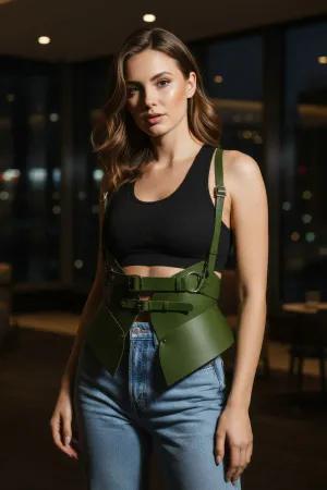 Olive Green Faux Leather Structured Waist Harness Women Adjustable Straps