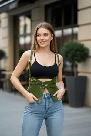 Olive Green Faux Leather Structured Waist Harness Women Adjustable Straps