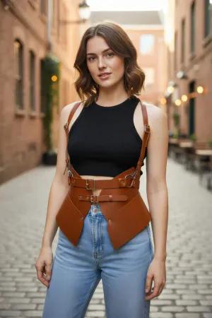 Tan Faux Leather Sculpted Waist Harness with Adjustable Shoulder Straps