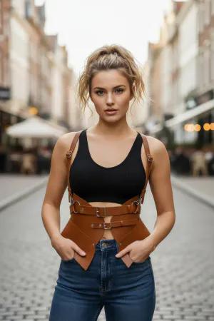 Tan Faux Leather Sculpted Waist Harness with Adjustable Shoulder Straps