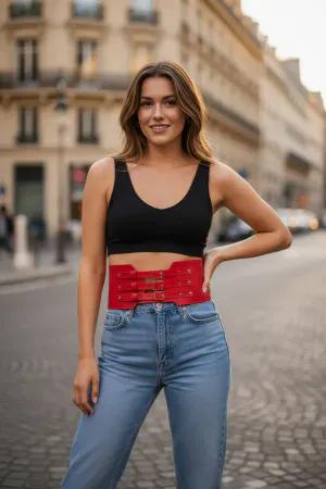 Red Faux Leather Corset Waist Harness Belt with Triple Buckles