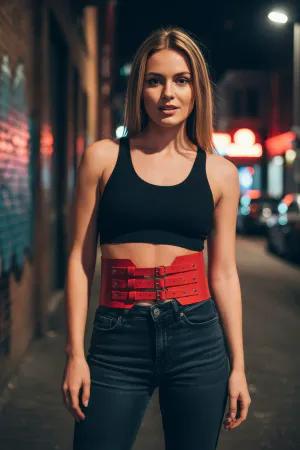 Red Faux Leather Corset Waist Harness Belt with Triple Buckles