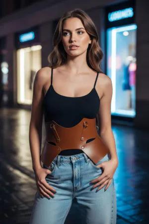 Brown Faux Leather Waist Harness Sculpted Peplum Silhouette O-Ring Details