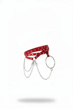 Red Faux Leather Studded Waist Harness with O-Ring and Draped Chains