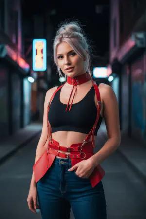 Red Faux Leather Waist Harness Set with Choker and Shoulder Straps