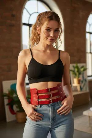Red Faux Leather Triple Buckle Waist Belt Fashion Accessory for Women