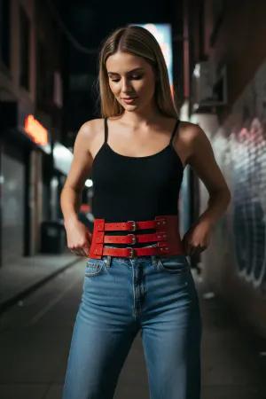 Red Faux Leather Triple Buckle Waist Belt Fashion Accessory for Women