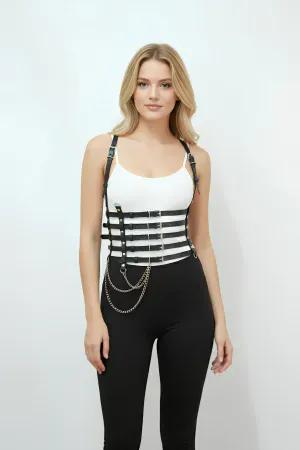 Black Faux Leather Multi-Strap Waist Harness with Detachable Chain Front View