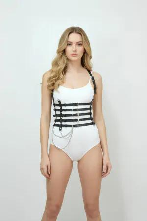 Black Faux Leather Multi-Strap Waist Harness with Detachable Chain Front View