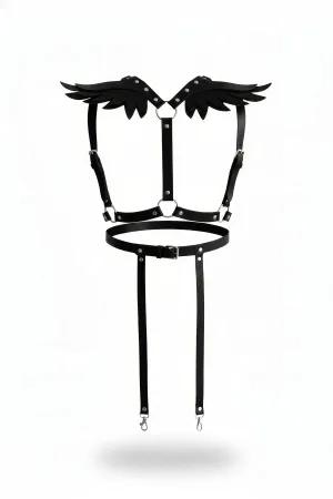 Black Faux Leather Winged Body Harness with Detachable Garter Straps