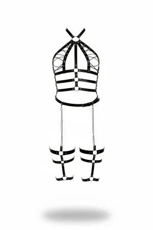 Black Faux Leather Halter Neck Body Harness Detachable Leg Garters Caged Bust Design