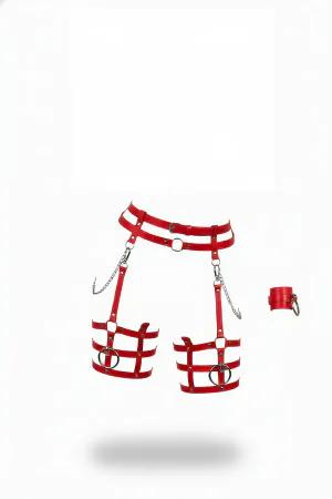 Red Faux Leather Waist Thigh Harness Set with Detachable Chains and Matching Wrist Cuff