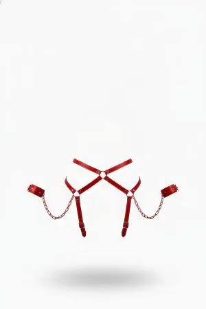 Red Vegan Leather Waist Harness with Cuffs and Chains