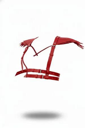 Red Faux Leather Sculptural Shoulder Harness Women Bold Wing Detail