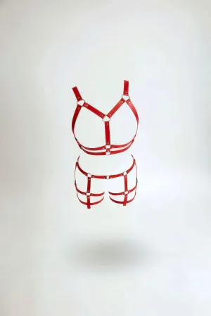 Red Faux Leather Body Harness Set Two Pieces Silver O-Ring Hardware