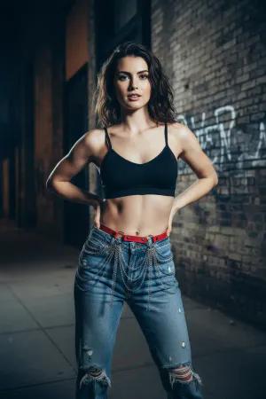 Red Faux Leather Waist Harness with Cascading Chains Worn Over Jeans