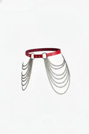 Red Faux Leather Waist Harness with Cascading Silver Chains