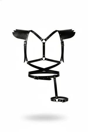 Black Faux Leather Winged Body Harness with Thigh Garter and Adjustable Straps