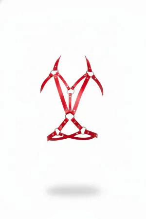 Red Faux Leather Chest Harness with Silver O-Rings