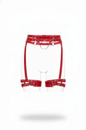 Red Faux Leather Garter Harness with Silver O-Ring and Rivet Details on White Background