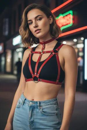 Red Faux Leather Chest Harness Choker Set Adjustable Straps