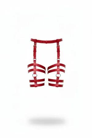 Red Vegan Leather Caged Leg Garter Harness Adjustable Straps Silver O-Rings