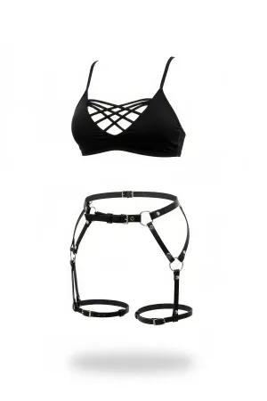 Black Faux Leather Garter Harness with Adjustable Thigh Straps and Silver O-Rings