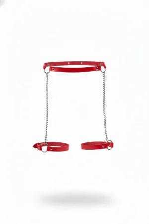 Vivid Red Faux Leather Garter Harness with Adjustable Leg Straps, Silver Chains, and O-Ring Hardware