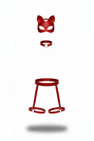 Red Faux Leather Harness Set Cat Ear Mask O-Ring Choker Leg Garters