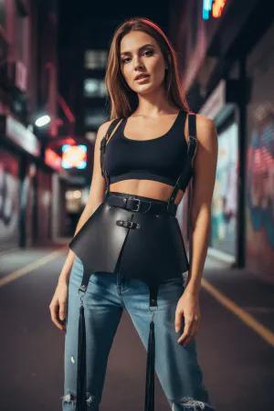 Black Faux Leather Peplum Waist Harness with Tassel Garters