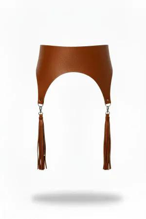 Tan Faux Leather Waist Harness with Tassels on White Background