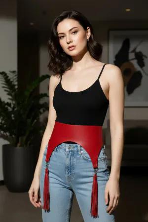 Red Faux Leather Waist Garter Harness Tassels Casual Outfit