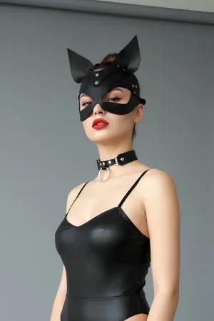 Black Faux Leather Cat Mask Women Adjustable with Choker