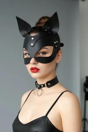 Black Faux Leather Cat Mask Women Adjustable with Choker
