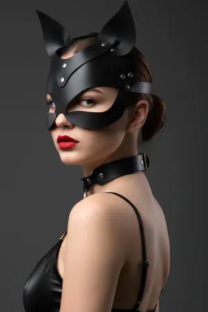 Black Faux Leather Cat Mask Women Adjustable with Choker