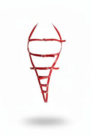 Kırmızı Faux Leather Göğüs Harness Gümüş Tokalı Ön Görünüm