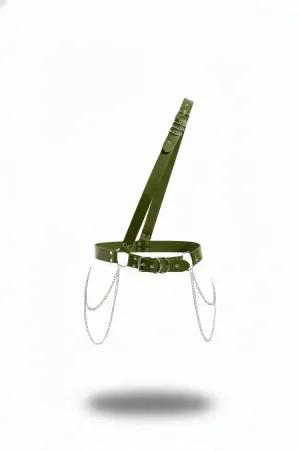 Olive Vegan Leather Asymmetric Shoulder Harness with Detachable Chains, front view