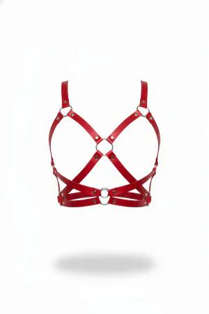 Red Faux Leather Harness Bra X-Strap O-Ring Design