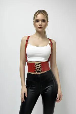 Red Faux Leather Waist Cincher Harness Corset Adjustable Straps