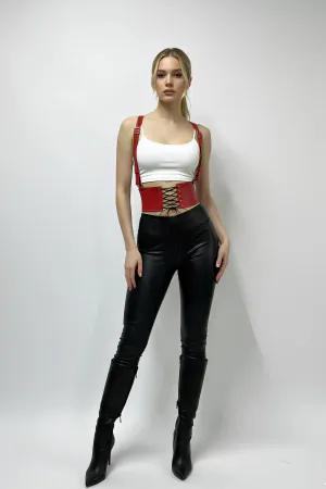 Red Faux Leather Waist Cincher Harness Corset Adjustable Straps