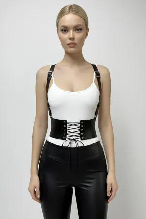 Black Faux Leather Corset Waist Harness Women Lace-Up Front Adjustable Straps