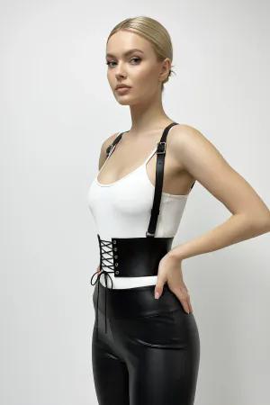 Black Faux Leather Corset Waist Harness Women Lace-Up Front Adjustable Straps