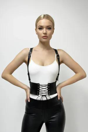 Black Faux Leather Corset Waist Harness Women Lace-Up Front Adjustable Straps