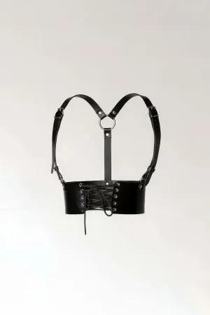 Black Faux Leather Corset Waist Harness Women O-Ring Details