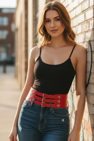 Red Faux Leather Triple-Strap Waist Harness Belt Women Adjustable