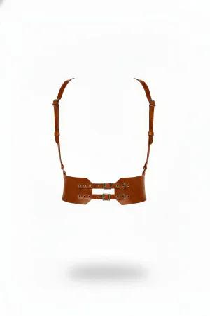 Tan Faux Leather Waist Cinch Harness Shoulder Straps with Silver Buckles