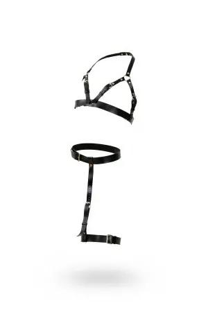 Black Faux Leather Chest Harness with Adjustable Straps and Single Thigh Garter
