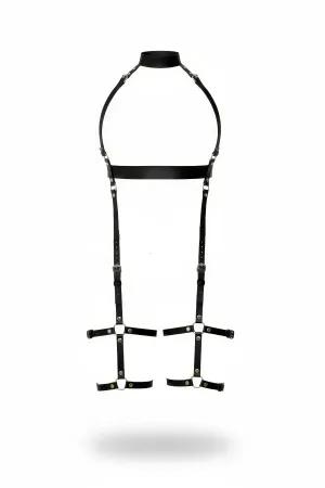 Black Faux Leather Body Harness with High Choker, Wide Chest Band, and Thigh Cages, Silver Hardware