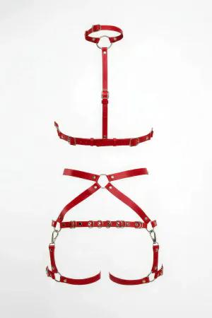 Red Vegan Leather Full Body Harness O-Ring Garter Set