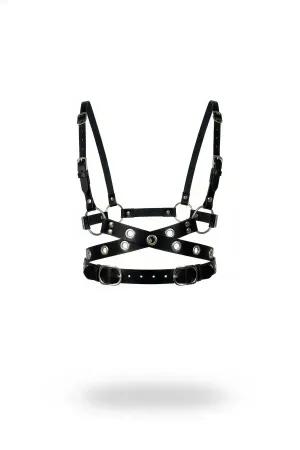 Black Faux Leather X-Cross Grommeted Chest Harness with Silver Hardware